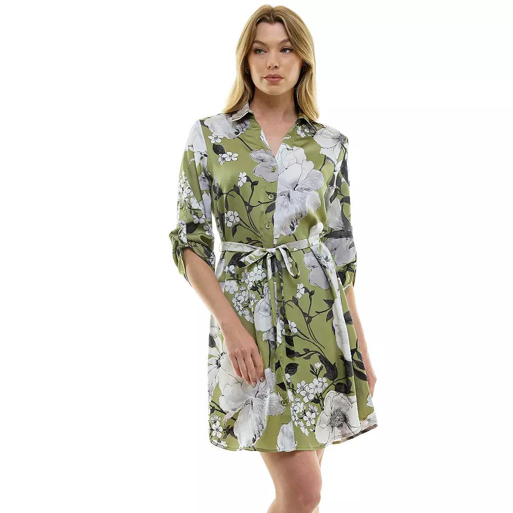 Women's Luxology Johnny Collar Satin Button Front Dress, Size: Small, Sage Gray Black Product Image