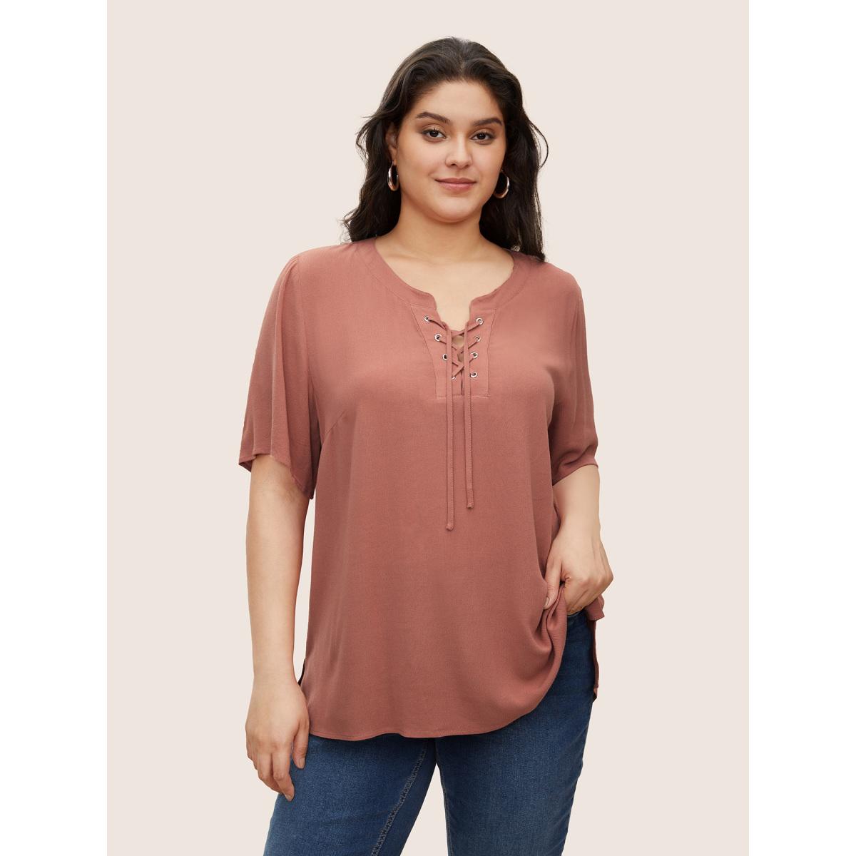 Plus Size Rouge Rayon Plain Lace Up Blouse Women Casual Short sleeve Round Neck Everyday Blouses BloomChic 10/M Product Image