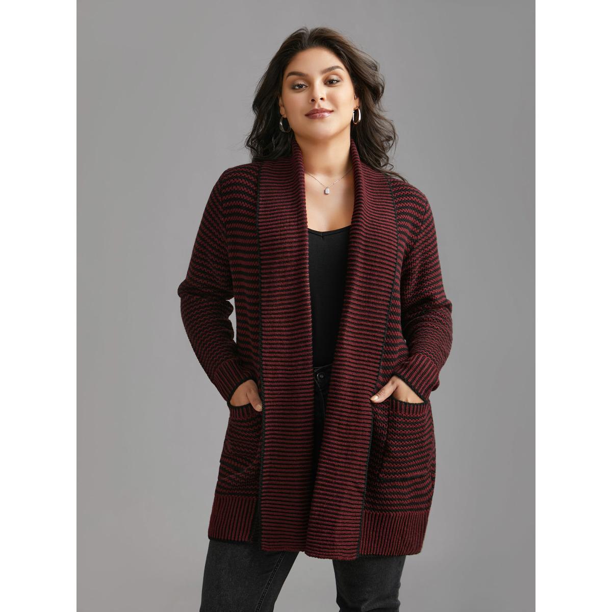 Plus Size Collared Pockets Open-Front Long Cardigan Deepred Women Casual Loose Long Sleeve Everyday Cardigans BloomChic 12/L Product Image