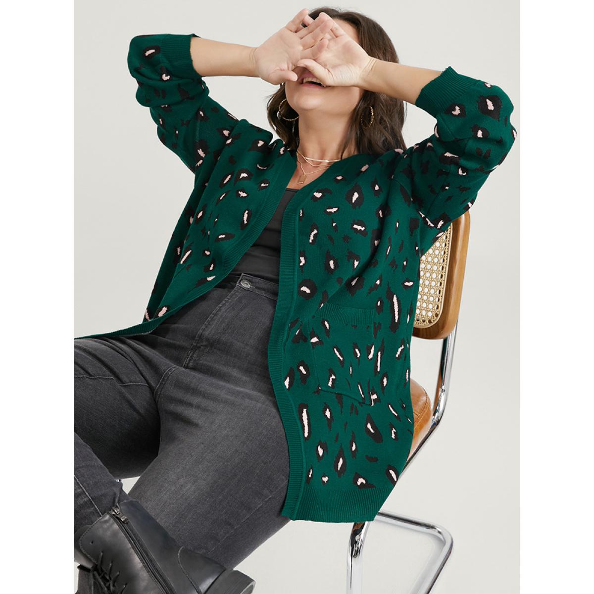 Plus Size Leopard Super Soft Knit Pocket Jacquard Open Front Cardigan DarkGreen Women Casual Long Sleeve Dailywear Cardigans BloomChic 28/5X Product Image
