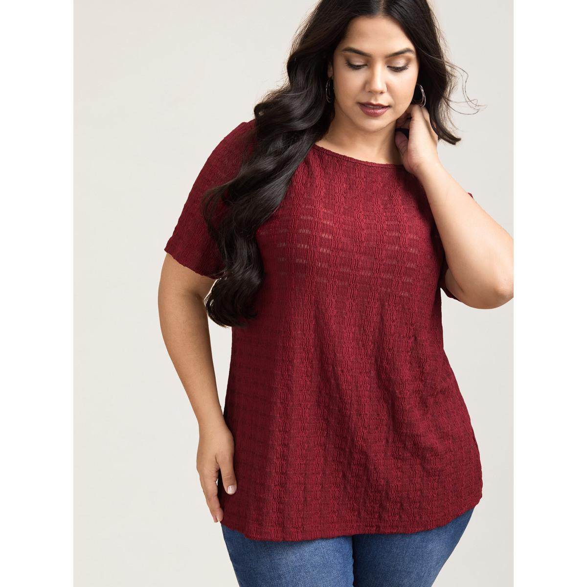 Plus Size Textured Back Lace Cut-Out Stretchy T-Shirt Burgundy Women Leisure Texture Boat Neck Casual T-shirts BloomChic 10/M Product Image