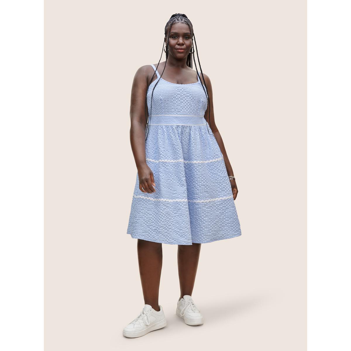 Plus Size Textured Patchwork Shirred Pocket Cami Dress LightBlue Women Casual Texture Non Sleeveless Curvy BloomChic 22-24/3X Product Image