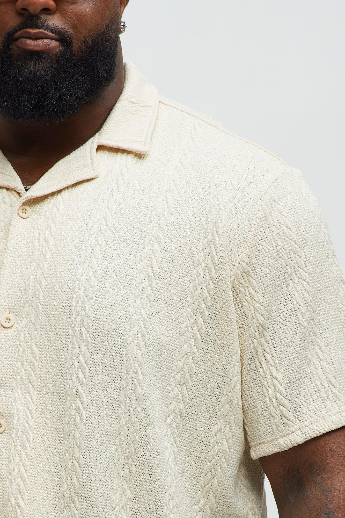 Textured Stripes Cuban Short Sleeve Button Up Shirt - Cream Product Image