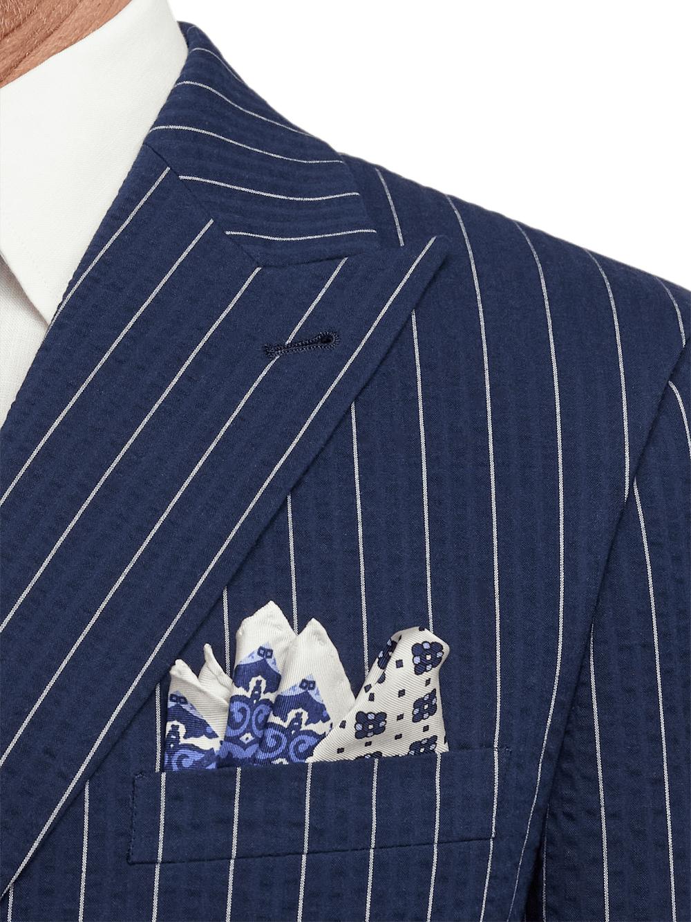 Cotton Stretch Pinstripe Seersucker Double Breasted Peak Lapel Suit Jacket - Navy Product Image