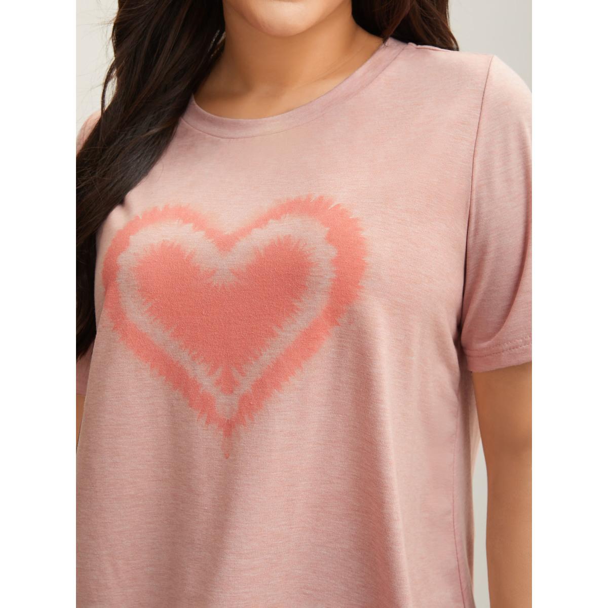 Plus Size Supersoft Heart Motif Tie-Dye Stretchy T-Shirt Lightpink Women Playful Non Round Neck Casual T-shirts BloomChic 10/M Product Image