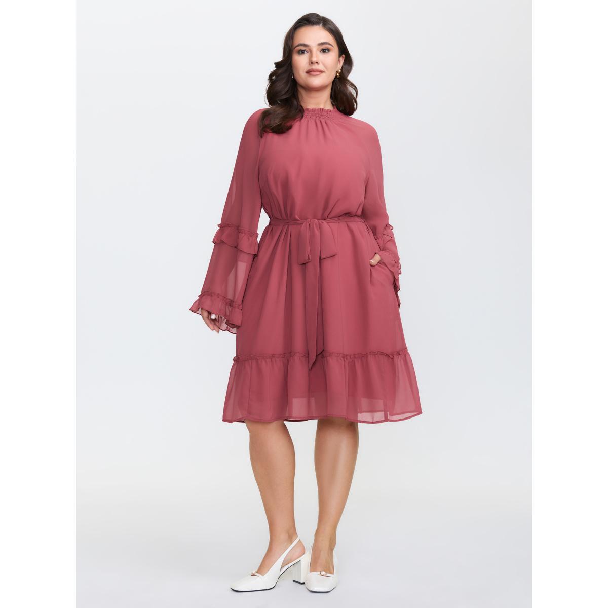 Plus Size Sheer Ruffled Gathered Neck Belted Midi Dress Rouge Women Timeless Stand-up collar Long Sleeve Curvy BloomChic 26/4X Product Image