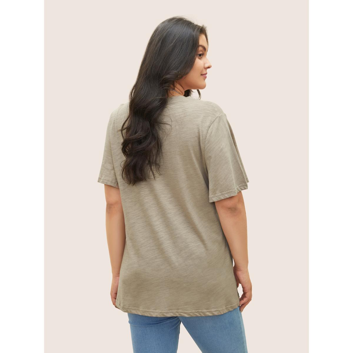 Plus Size Plain Ruffle Sleeve Heather V Neck T-shirt LightBrown Women Casual Plain V-neck Everyday T-shirts BloomChic 14-16/1X Product Image