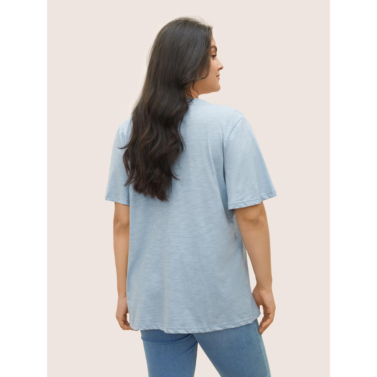 Plus Size Plain Ruffle Sleeve Heather V Neck T-shirt LightBlue Women Casual Plain V-neck Everyday T-shirts BloomChic 18-20/2X Product Image