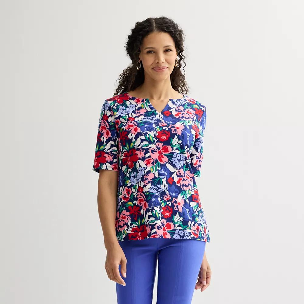 Petite Croft & Barrow® Elbow Sleeve Splitneck Top, Women's, Size: Large Petite, Blue Exploded Floral Product Image