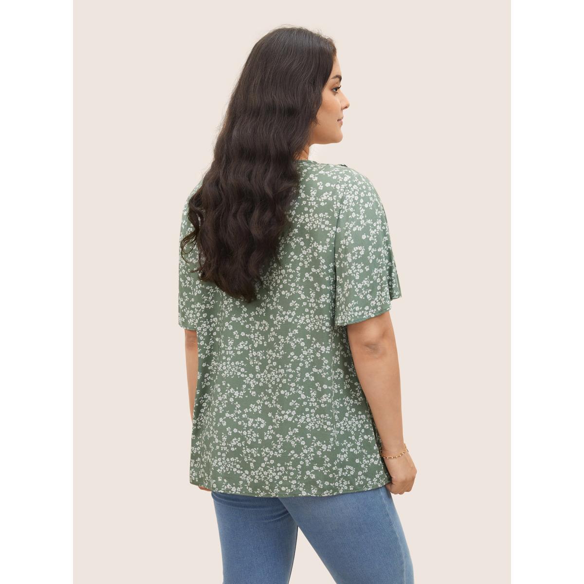 Plus Size Sage Rayon Ditsy Floral Pleated Patchwork Ruffles Blouse Women Elegant Short sleeve V-neck Everyday Blouses BloomChic 12/L Product Image