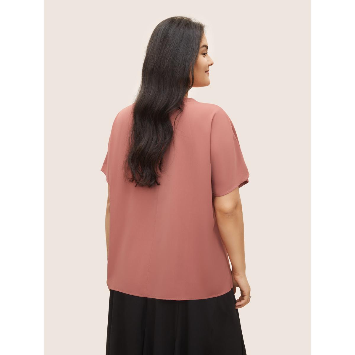Plus Size DustyPink Plain Pleated Notched Dolman Sleeve Blouse Women Work From Home Short sleeve Notched collar Work Blouses BloomChic 18-20/2X Product Image