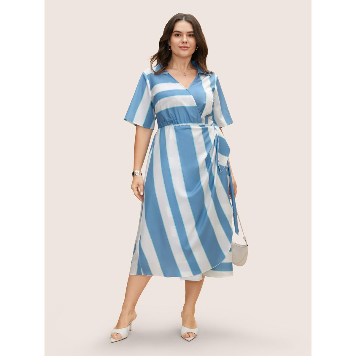 Plus Size Geometric Surplice Neck Tie Knot Midi Dress Stone Women At the Office Tie knot Shirt collar Short sleeve Curvy BloomChic 12/L Product Image