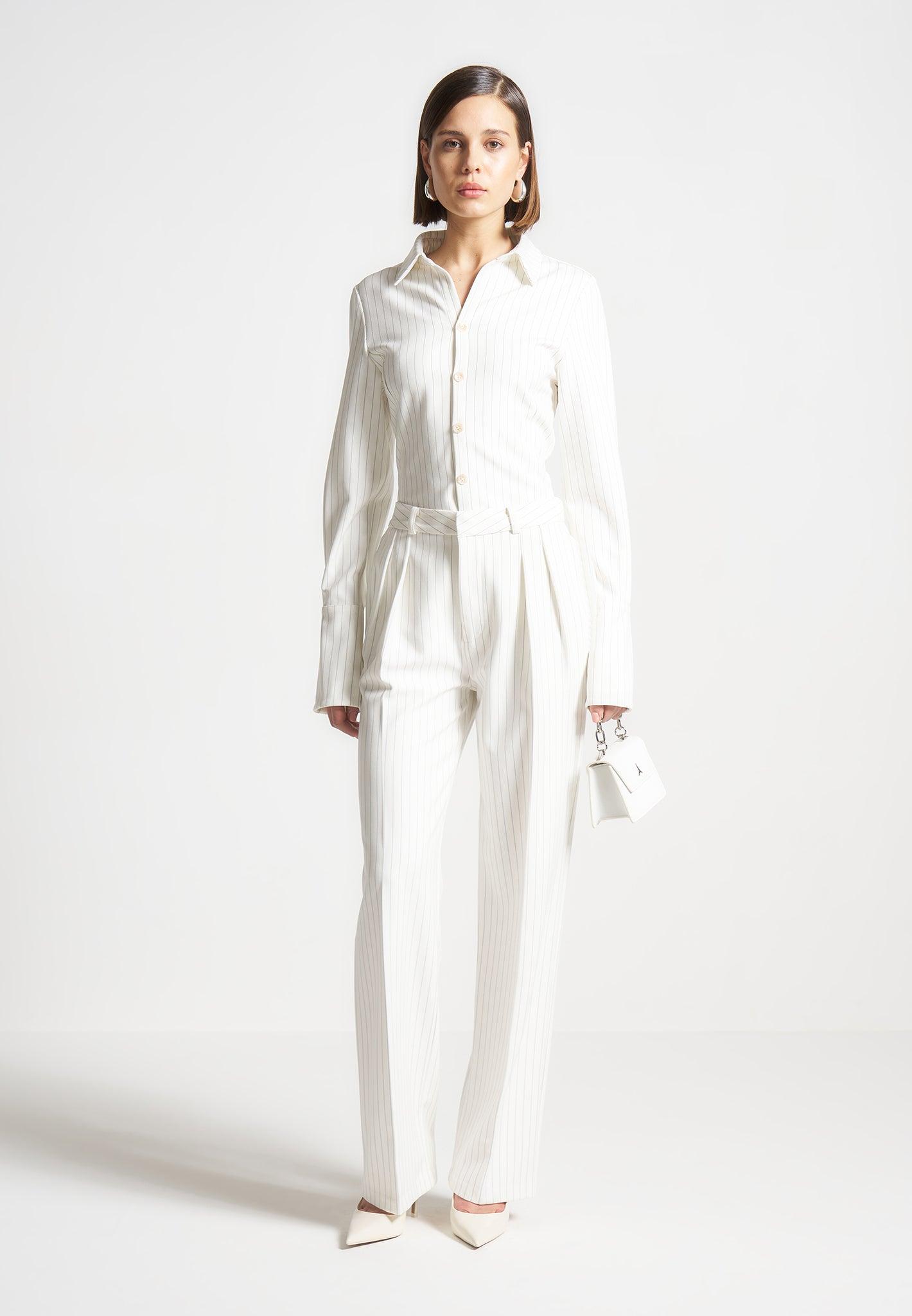 Julie - Pinstripe Twin Pleat Tailored Trousers - White Female Product Image