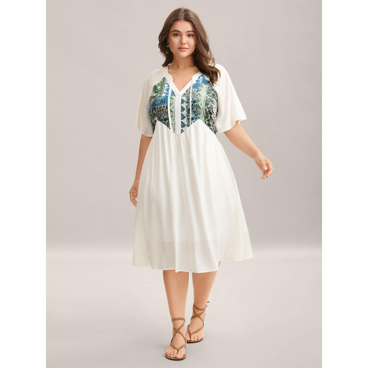 Plus Size Rayon Boho Print Asymmetrical Waist Midi Dress Skyblue Women Boho Non Sleeveless Curvy BloomChic 12/L Product Image