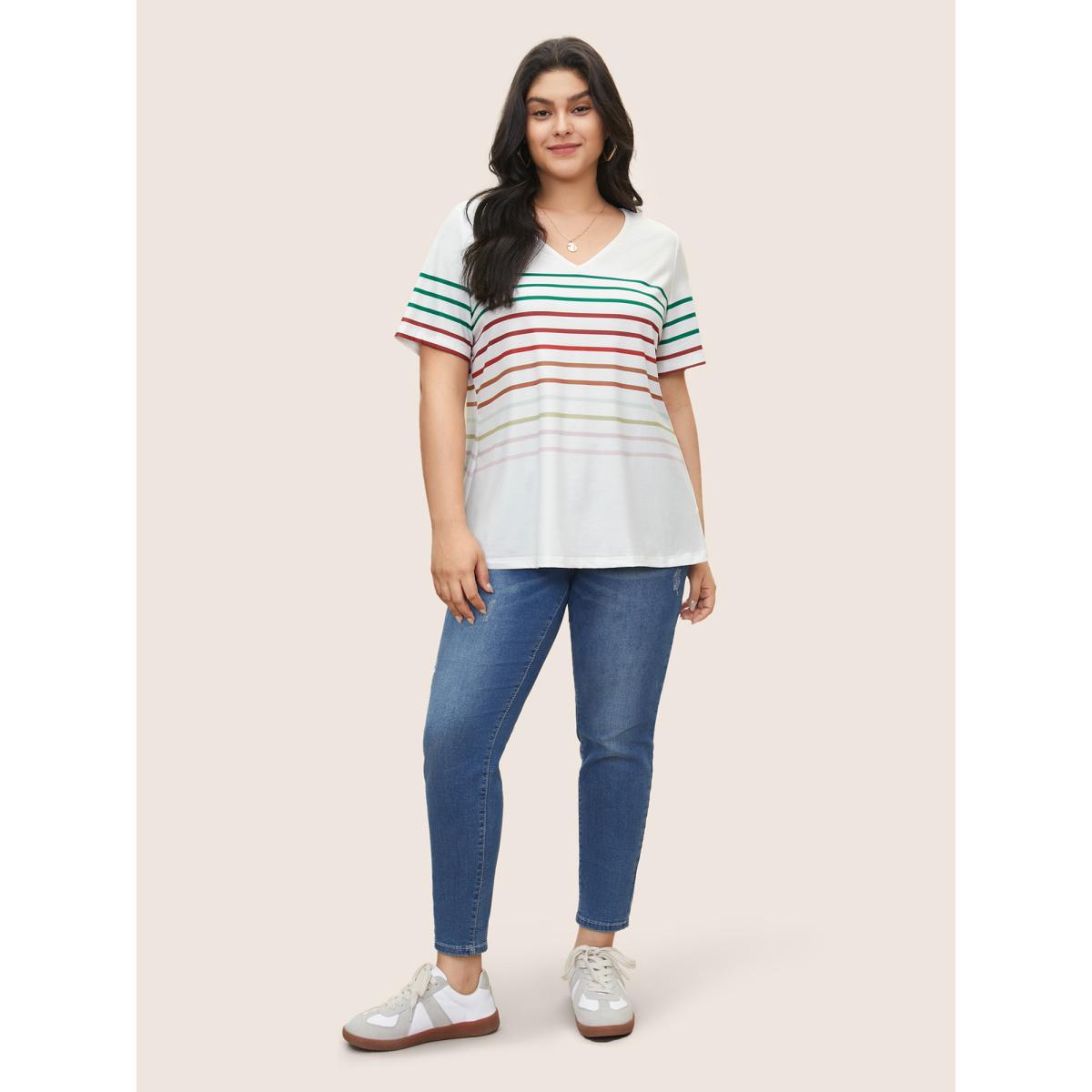 Plus Size Contrast Striped V Neck T-shirt White Women Casual Contrast Striped V-neck Everyday T-shirts BloomChic 18-20/2X Product Image