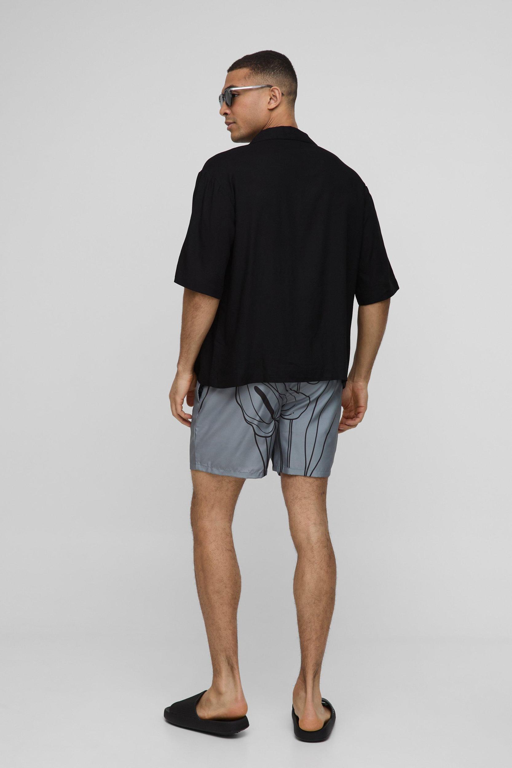 Oversized Floral Line Printed Revere Shirt & Swim Set | boohooMAN USA Product Image