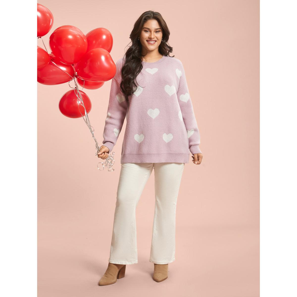 Plus Size Heart Jacquard Contrast Ribbed Hem Pullover Lightpink Women Casual Loose Long Sleeve Round Neck Everyday Pullovers BloomChic 10/M Product Image