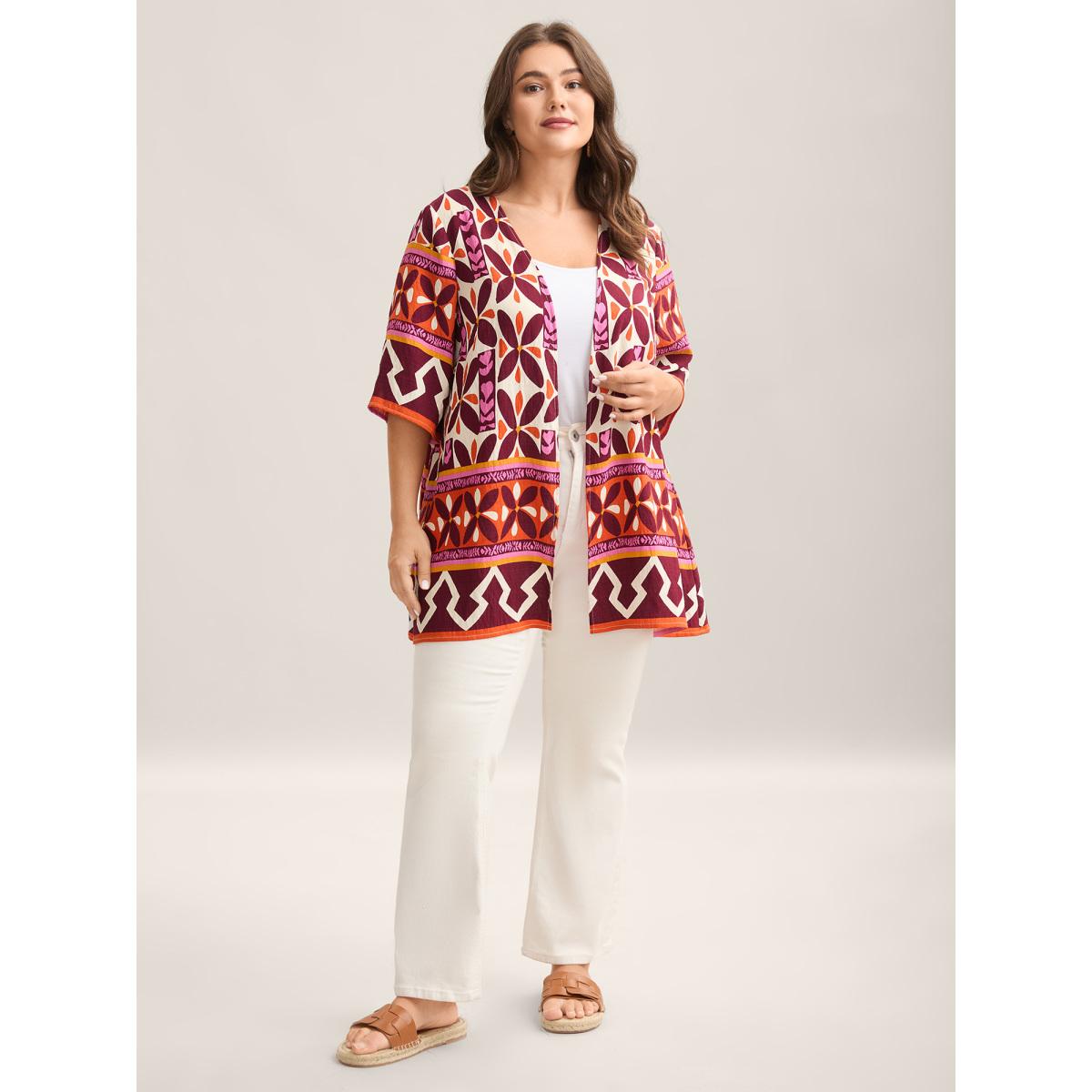 Plus Size Boho Print Open-Front Kimono Women Multicolor Contrast Loose Vacation Kimonos BloomChic 22-24/3X Product Image