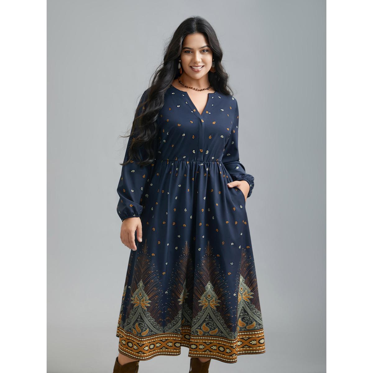 Plus Size Notched Collar Boho Print Contrast Dress Navy Women Resort Non Flat collar with V-notch Long Sleeve Curvy BloomChic 28/5X Product Image