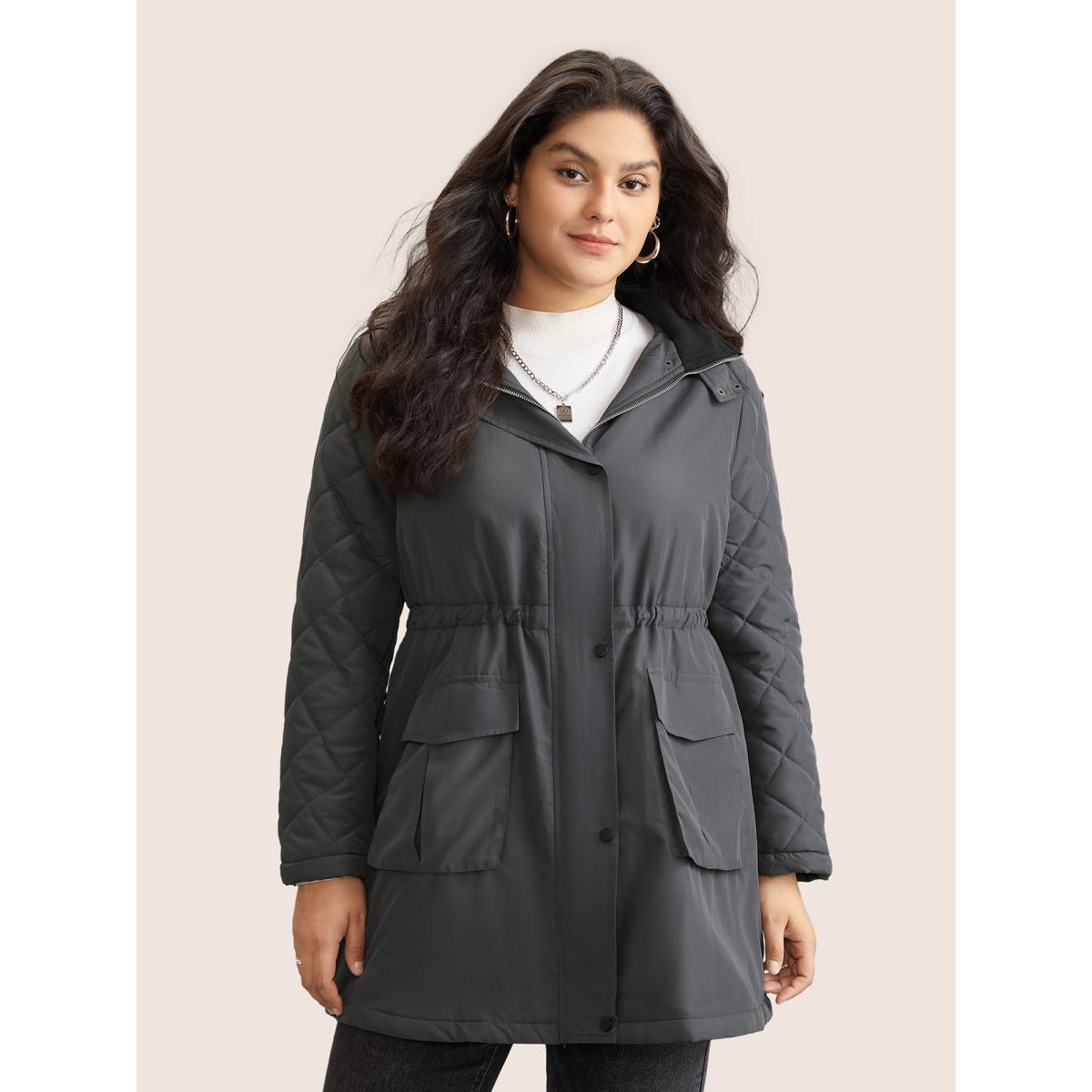 Plus Size Solid Flap Detail Elastic Waist Quilted Coat Women DimGray Casual Lined Ladies Dailywear Winter Coats BloomChic 26/4X Product Image