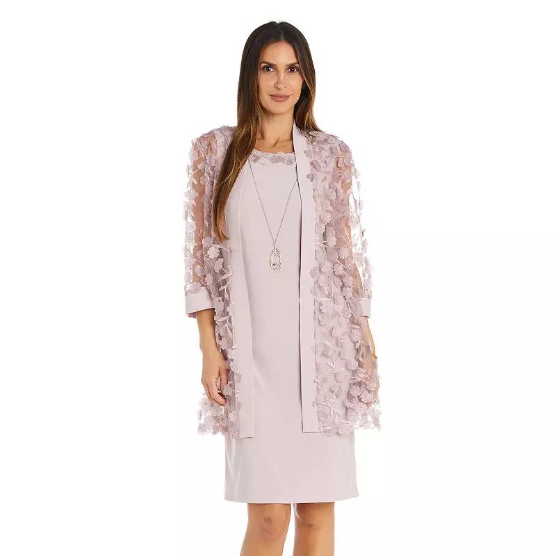 Petite R&M Richards 2-Piece 3D Floral Jacket & Jersey Tank Dress with Detachable Necklace, Womens Pink Product Image