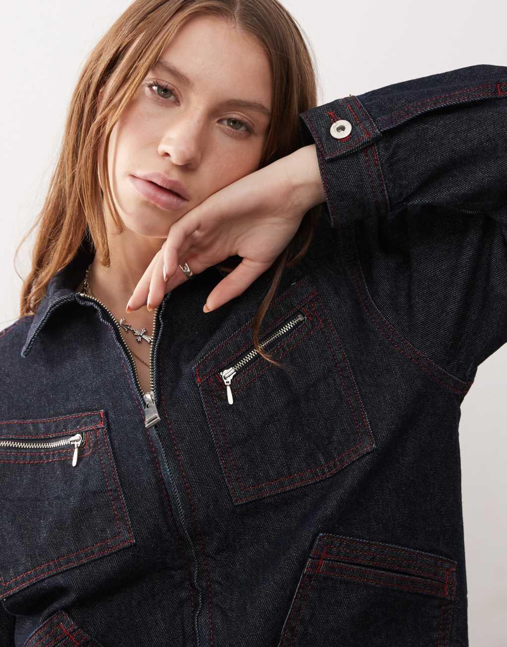COLLUSION relaxed denim jacket with contrast stitch in rinse wash - part of a set Product Image