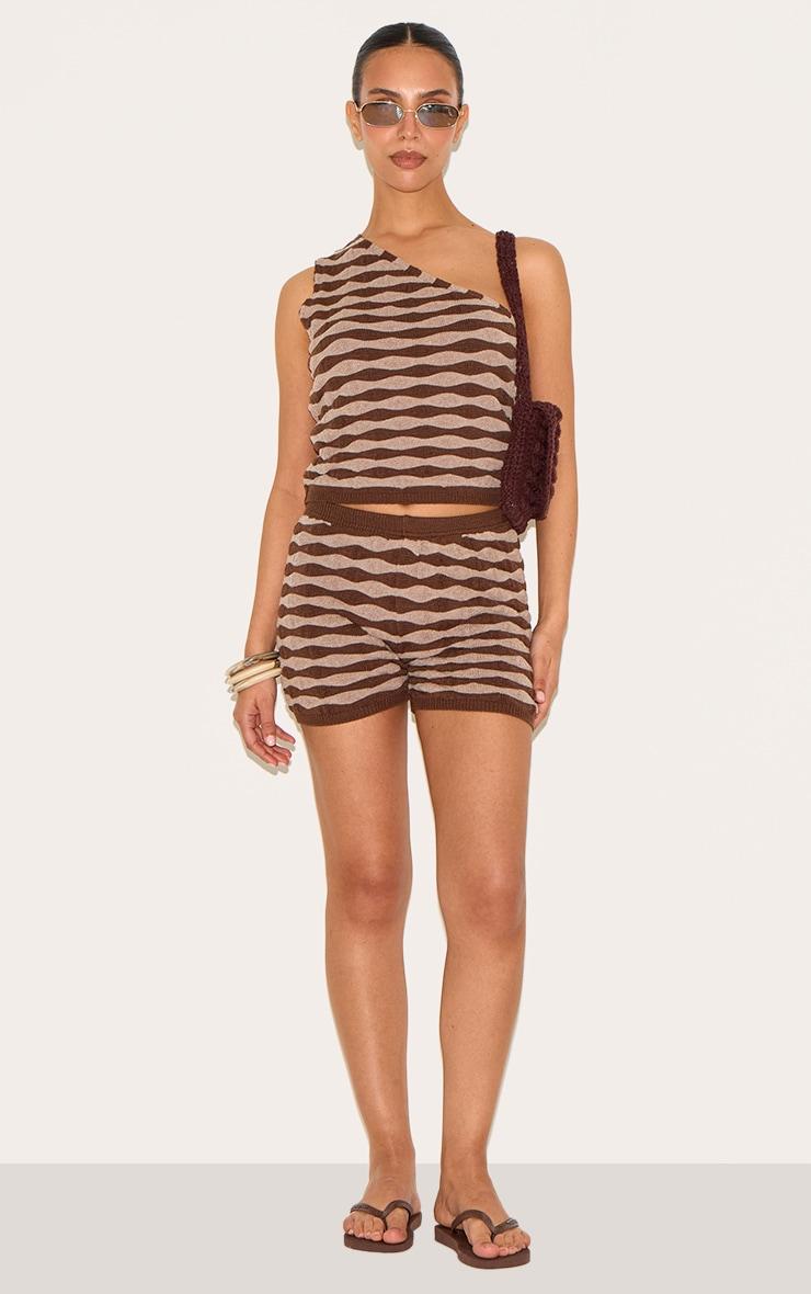 Petite Chocolate Knitted One Shoulder Striped Long Fitted Top Product Image