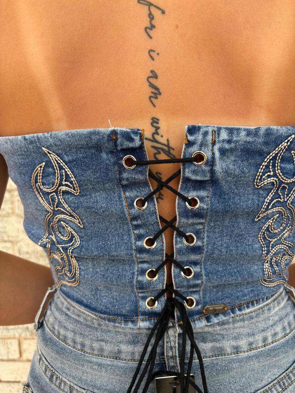 L&B Stone Wash Boot Stitch Embroidered Denim Tie Up Corset Product Image