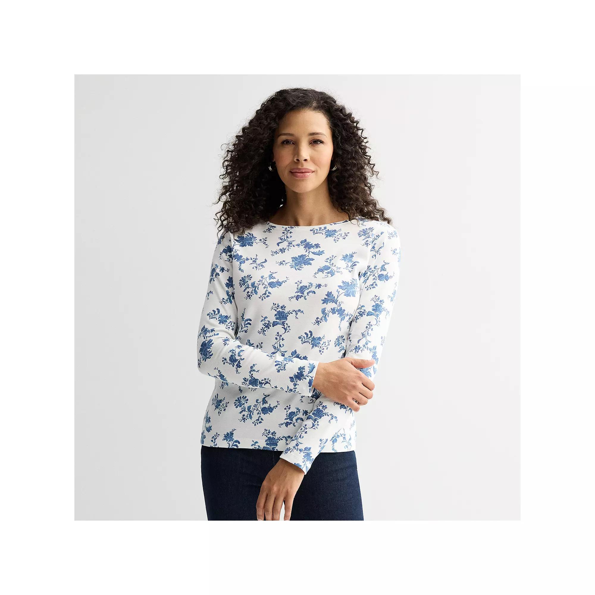 Women's Croft & Barrow® Essential Long-Sleeve Crewneck Tee, Size: Large, Blue White Floral Product Image