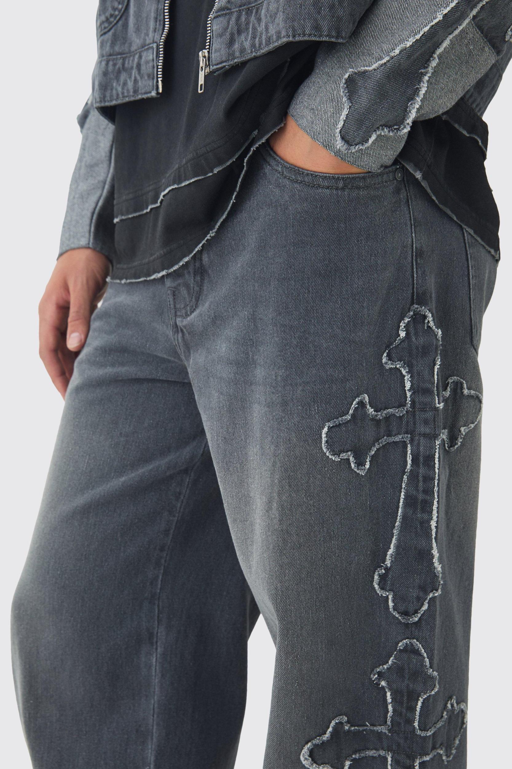 Relaxed Rigid Cross Applique Denim Jeans | boohooMAN USA Product Image