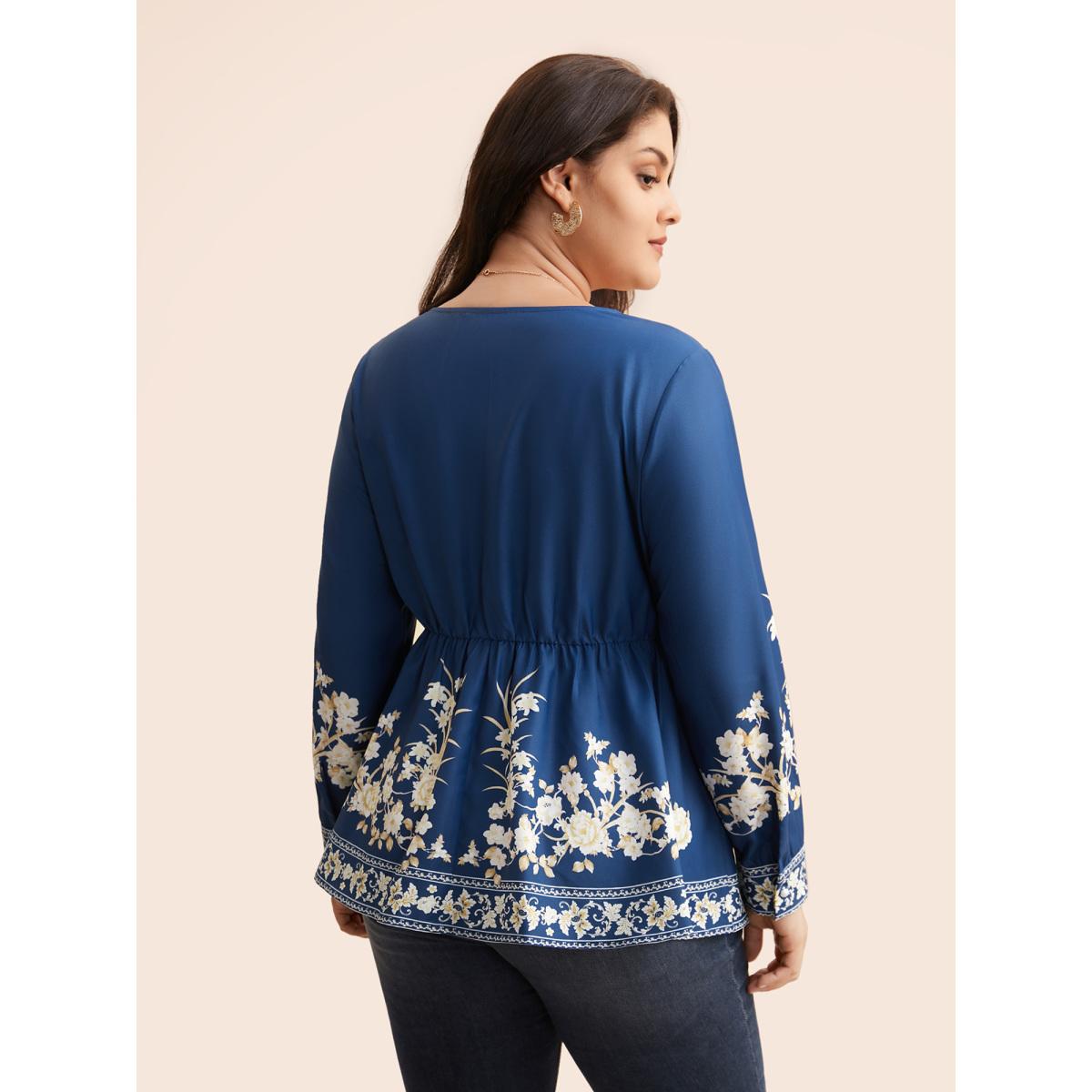Plus Size Indigo Boho Print Elastic Waist Gathered Blouse Women Elegant Long Sleeve V-neck Everyday Blouses BloomChic 18-20/2X Product Image