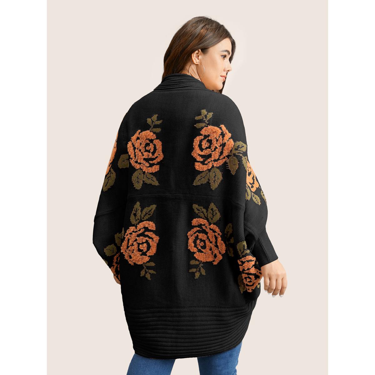 Plus Size Floral Jacquard Batwing Sleeve Open Front Cardigan Black Women Elegant Long Sleeve Everyday Cardigans BloomChic 28/5X Product Image