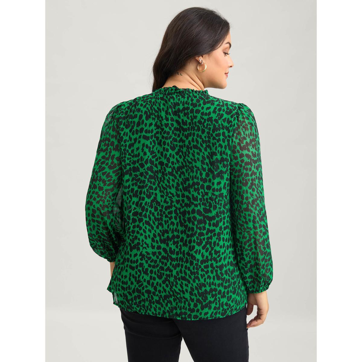 Plus Size DarkGreen Leopard Print Tie Knot Lantern Sleeve Blouse Women Romantic Long Sleeve V-neck Elegant Blouses BloomChic 30/6X Product Image