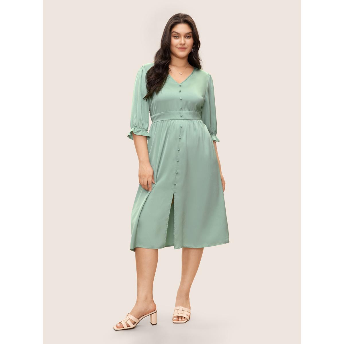 Plus Size Plain Ruffles Button Detail Split Front Satin Dress Turquoise Women Elegant Non V-neck Elbow-length sleeve Curvy Midi Dress BloomChic 28/5X Product Image