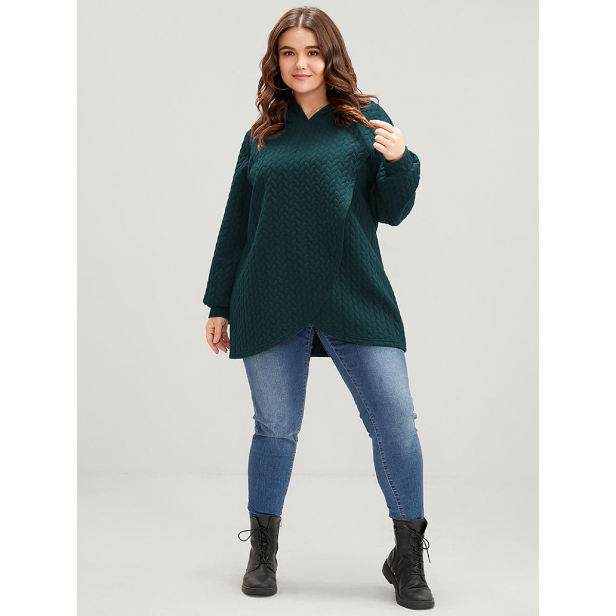 Plus Size Solid Asymmetrical Hem Cable Knit Hooded Sweatshirt Women DarkGreen Lounge Asymmetrical Hooded Everyday Sweatshirts BloomChic 22-24/3X Product Image