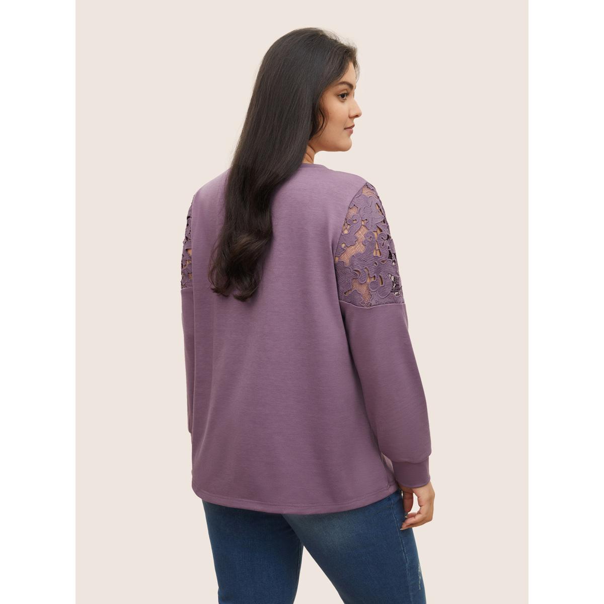 Plus Size Lace Patchwork Embroidered V Neck Sweatshirt Women Mauve Casual Cut-Out V-neck Everyday Sweatshirts BloomChic 26/4X Product Image