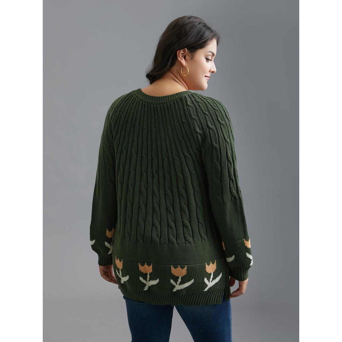 Plus Size Cable Knit Floral Ribbed Hem Pullover ArmyGreen Women Casual Loose Long Sleeve Round Neck Everyday Pullovers BloomChic 12/L Product Image