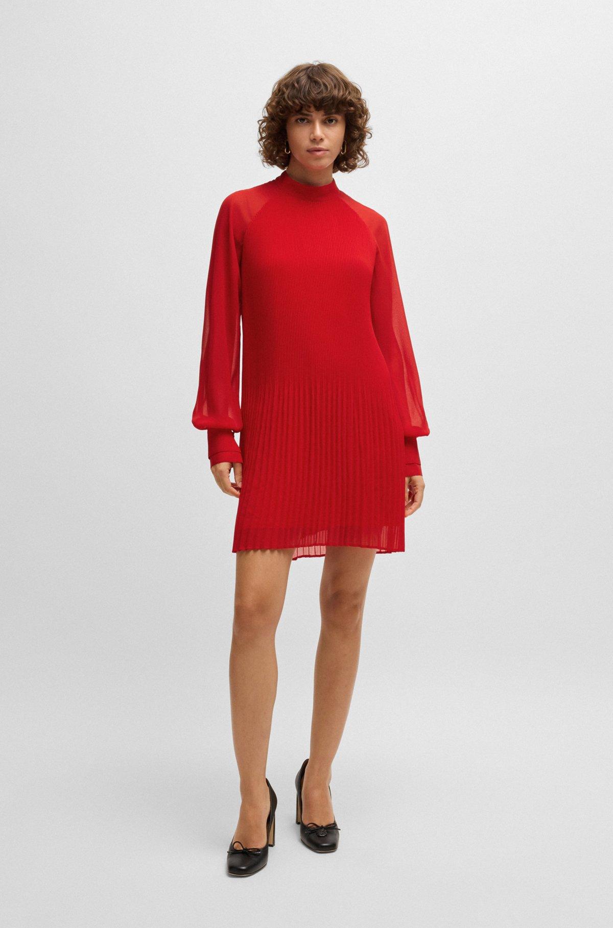 High-neck dress with plissé pleats and sheer sleeves Product Image