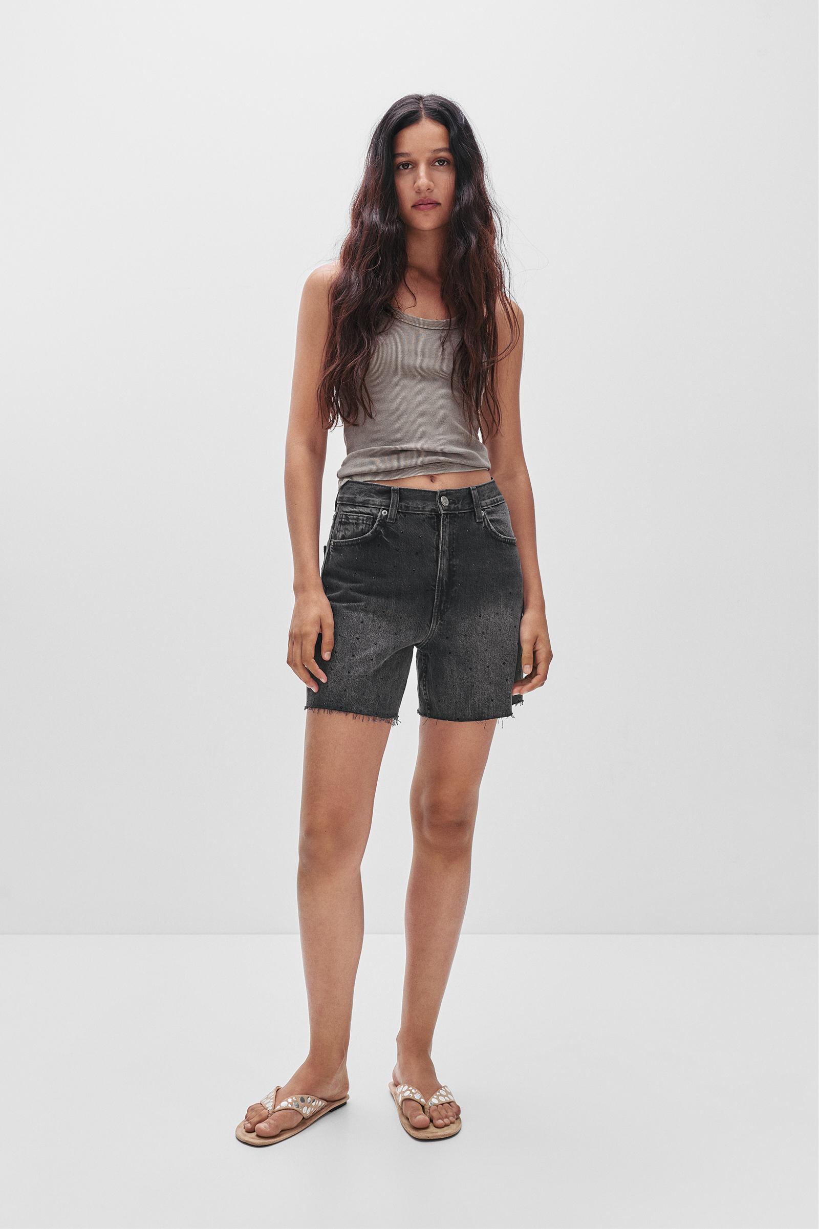 High-rise denim Bermuda shorts with rhinestones Product Image