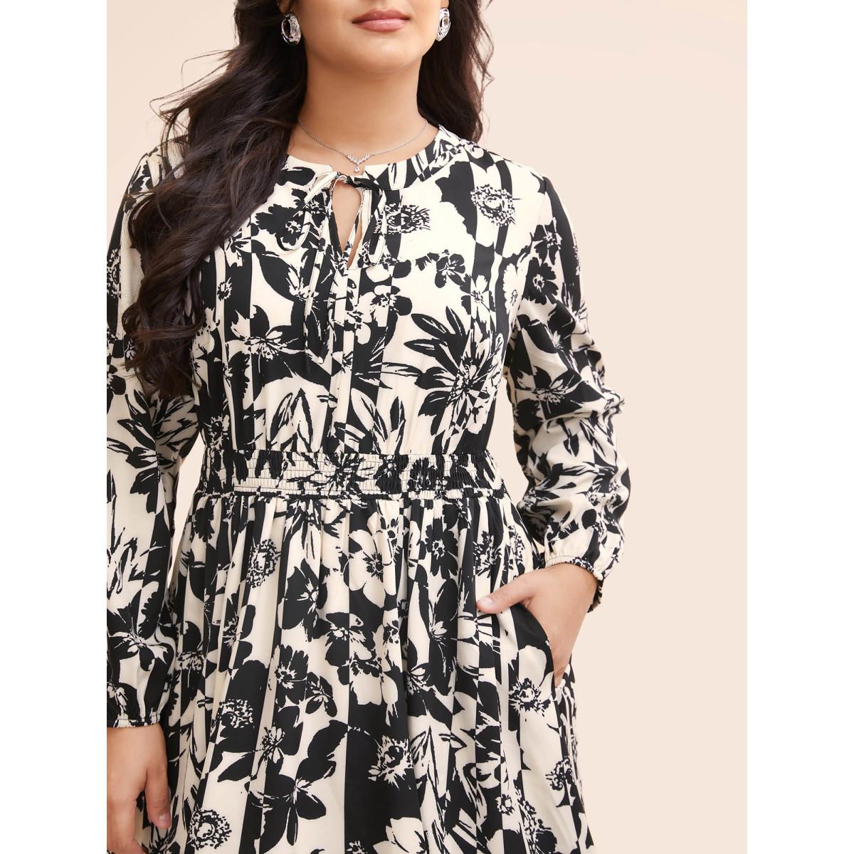 Plus Size Silhouette Floral Print Tie Knot Gathered Dress WhiteSmoke Women Elegant Tie knot V-neck Long Sleeve Curvy BloomChic 10/M Product Image