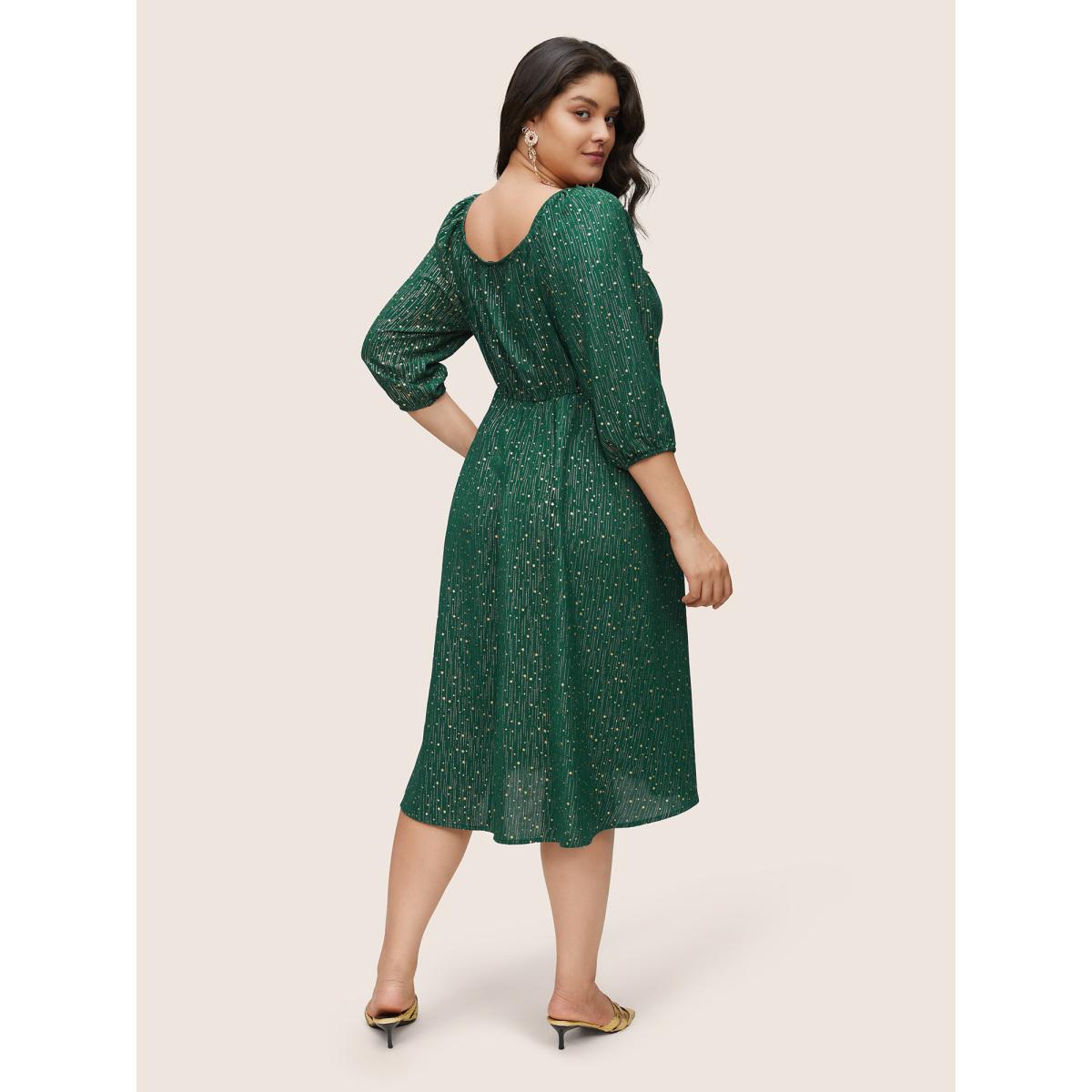 Plus Size Geometric Glitter Notched Lantern Sleeve Dress DarkGreen Women Cocktail Elastic cuffs Notched collar Elbow-length sleeve Curvy Midi Dress BloomChic 28/5X Product Image