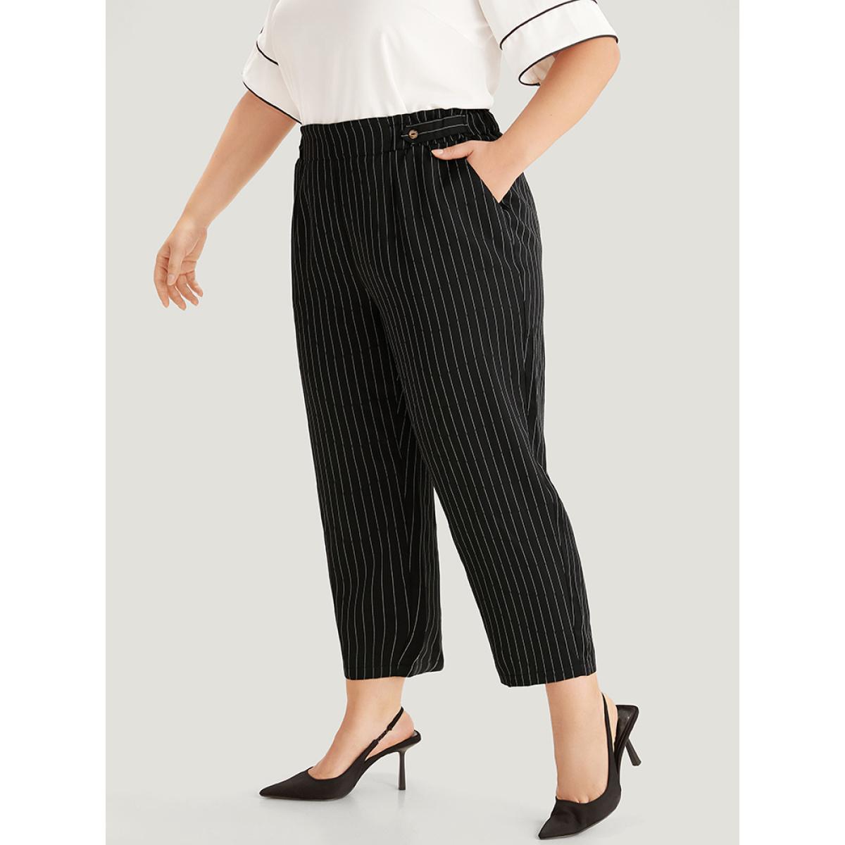 Plus Size Striped Button Detail Pocket Pleated Pants Women Black Office Straight Leg High Rise Office Pants BloomChic 30/6X Product Image