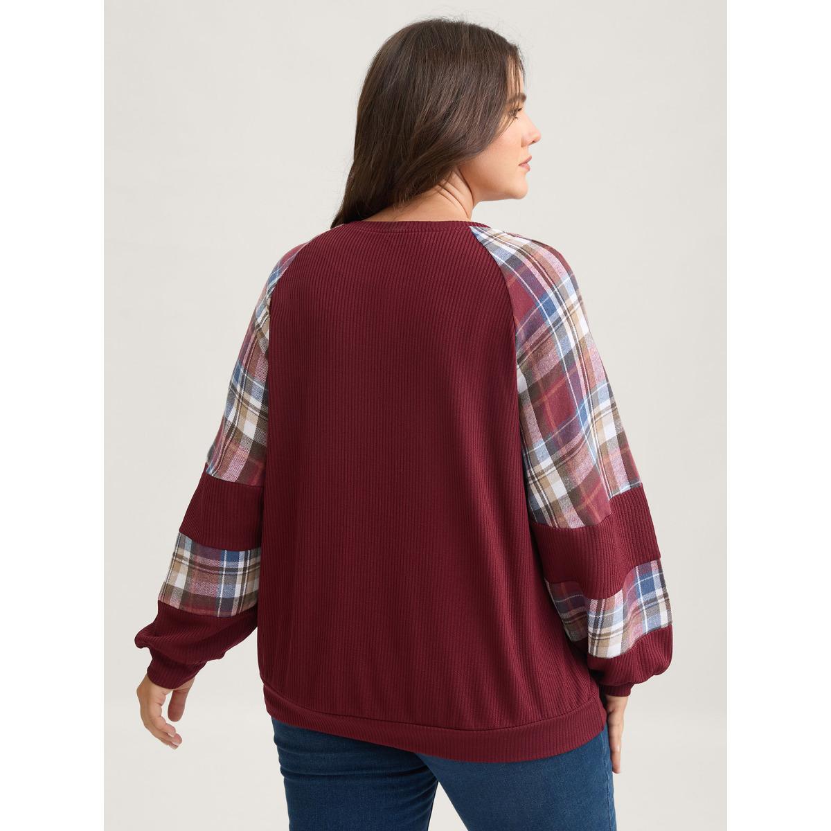 Plus Size Plaid Patchwork Raglan Sleeve Sweatshirt Women Burgundy Leisure Texture Round Neck Casual Sweatshirts BloomChic 22-24/3X Product Image