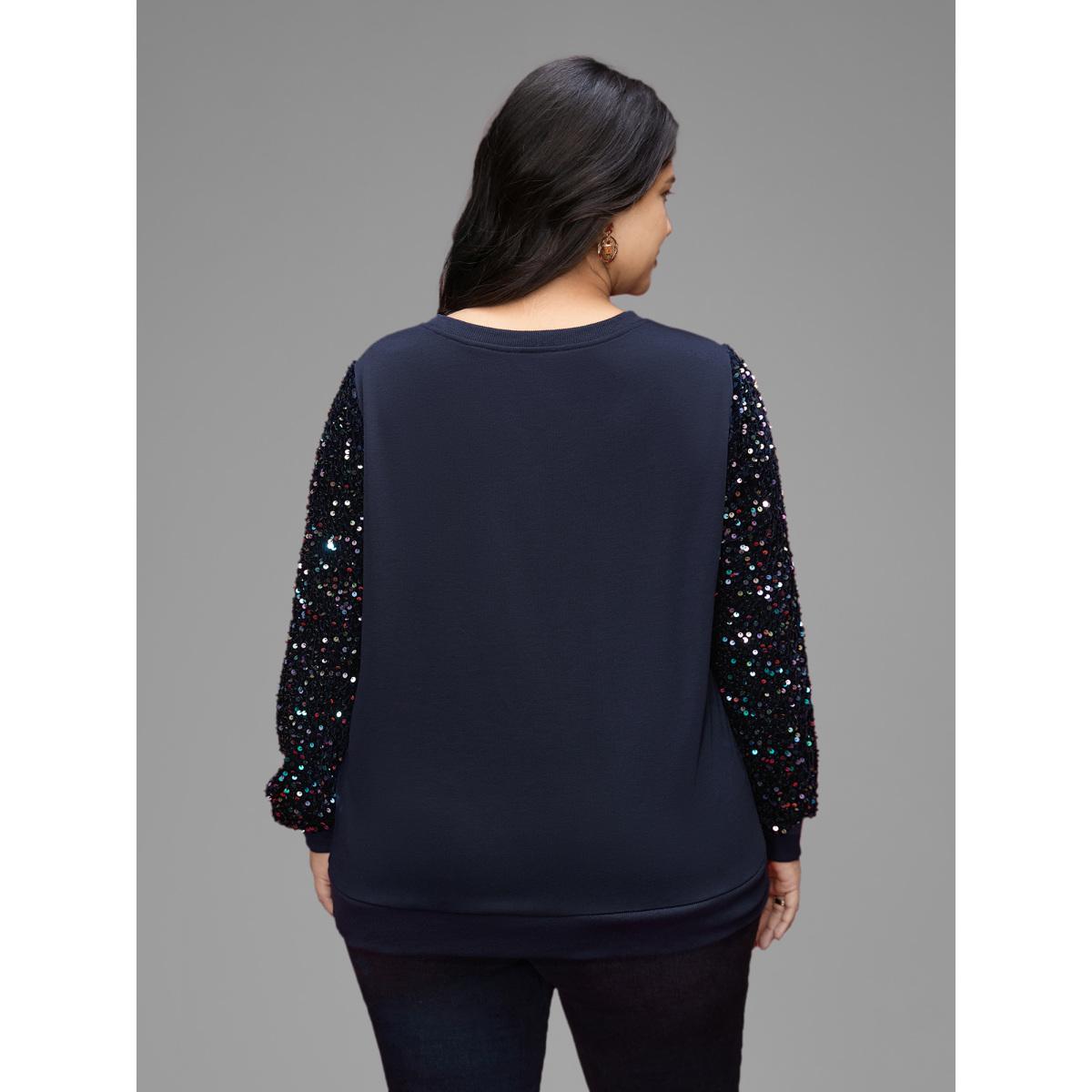 Plus Size Sequin Sleeves Velvet Panel Sweatshirt Women Indigo Casual Patchwork Round Neck Everyday Sweatshirts BloomChic 28/5X Product Image