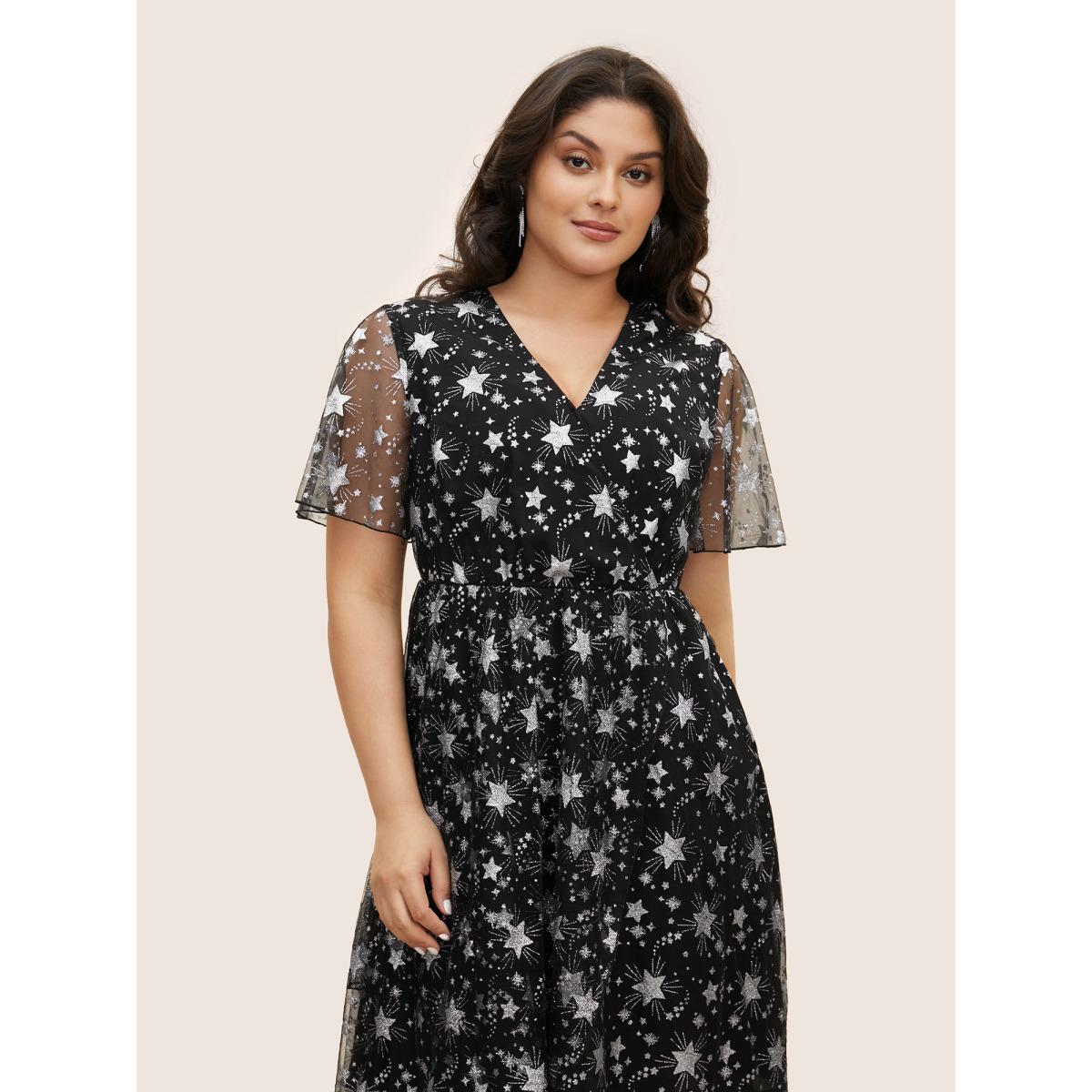Plus Size Glitter Star Mesh Patchwork Ruffle Sleeve Dress Black Women Resort Gathered Overlap Collar Short sleeve Curvy BloomChic 30/6X Product Image