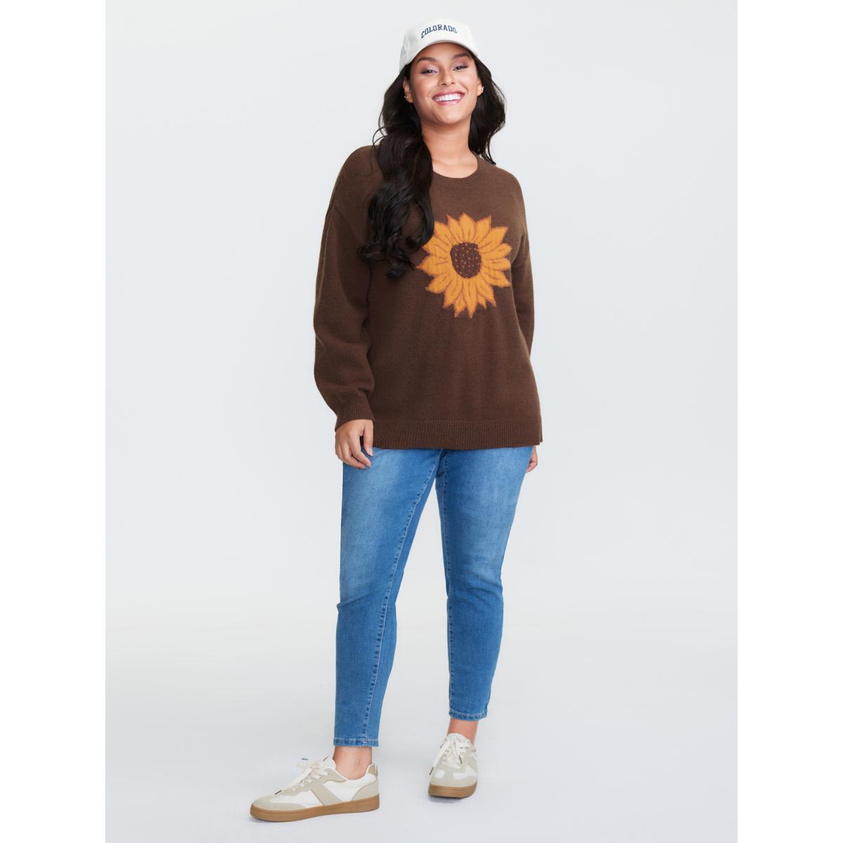 Plus Size Supersoft Sunflower Pattern Round Neck Pullover Browncoffeecolor Women Playful Loose Long Sleeve Round Neck Casual Pullovers BloomChic 10/M Product Image