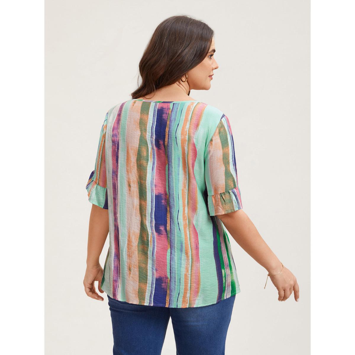 Plus Size Multicolor Multi-Color Striped Curved Hem Shirt Women Casual Half Sleeve Round Neck Everyday Blouses BloomChic 28/5X Product Image