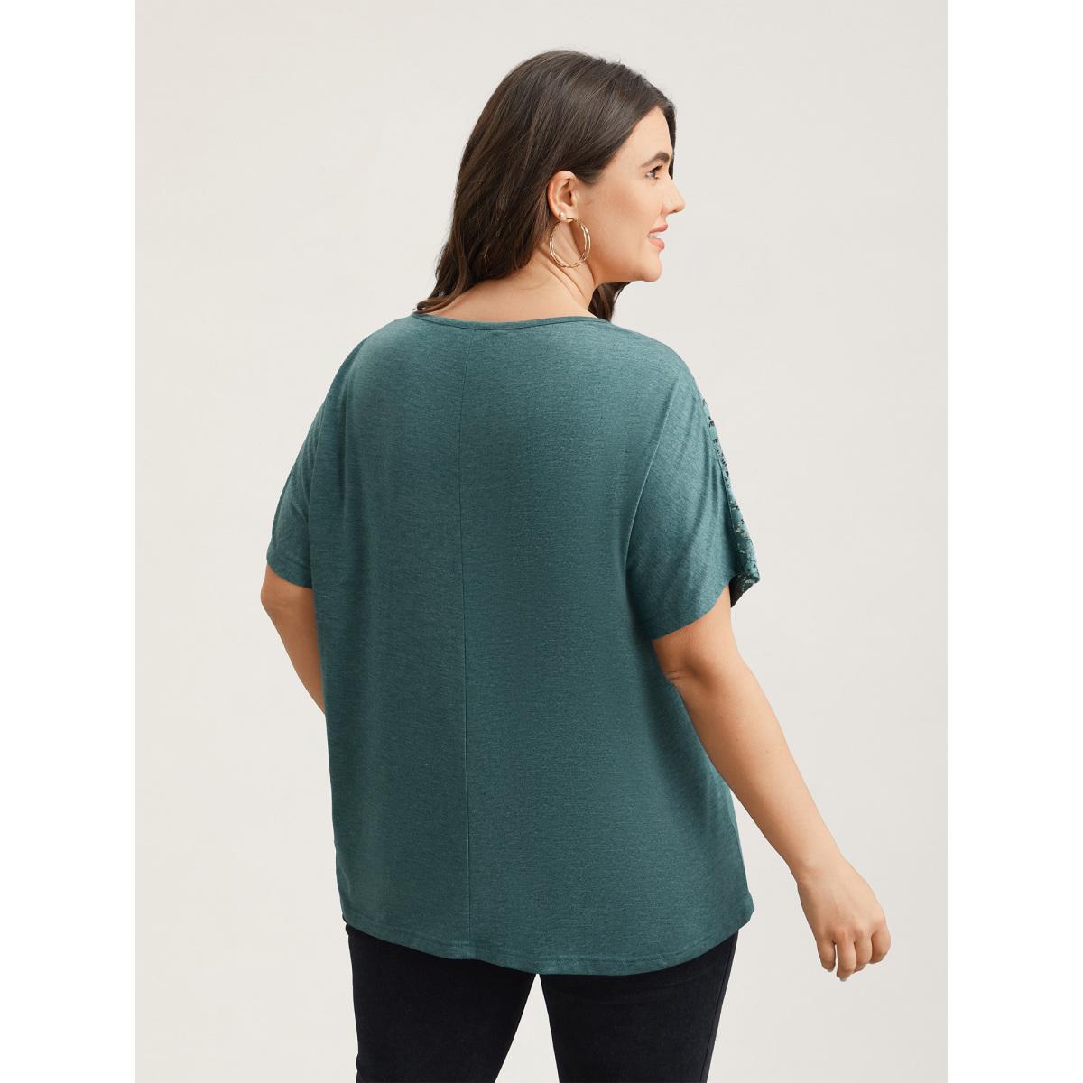 Plus Size Lace Sleeve V-Neck T-Shirt Cyan Women Casual See through V-neck Everyday T-shirts BloomChic 22-24/3X Product Image