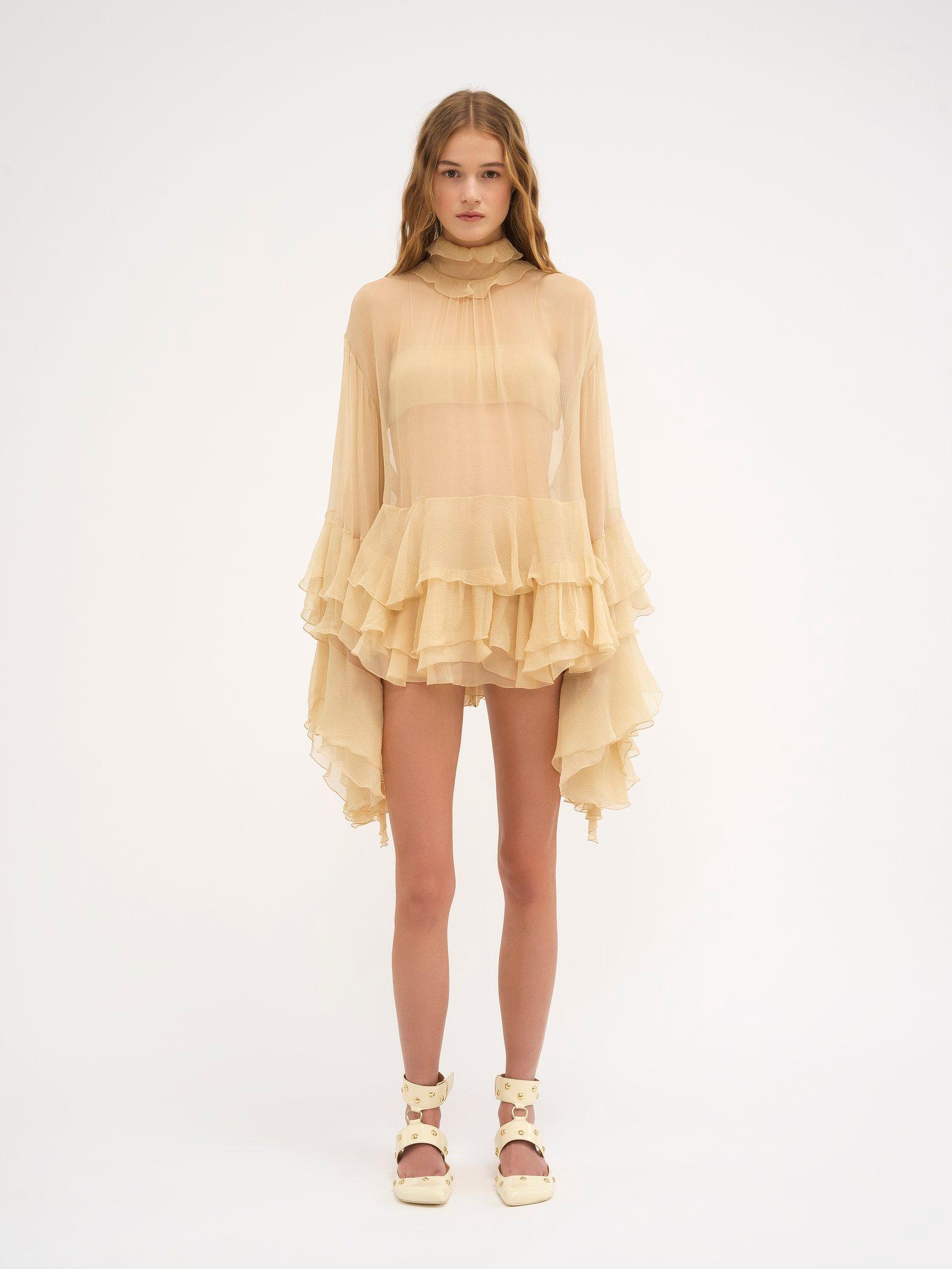 Ruffled mini dress in silk mousseline Product Image