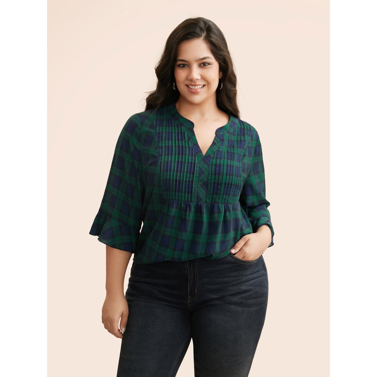Plus Size Indigo Notched Plaid Ruffles Pleated Blouse Women Casual Elbow-length sleeve Flat collar with V-notch Everyday Blouses BloomChic 12/L Product Image